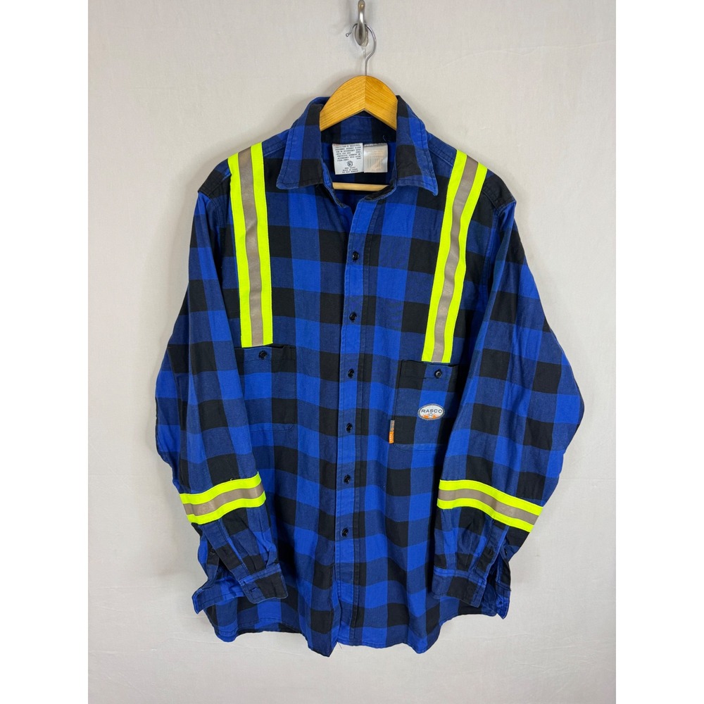 Rasco FR Flame Resistant Work Shirt Blue Black Plaid Hi-Vis CAT 2 XL Tall